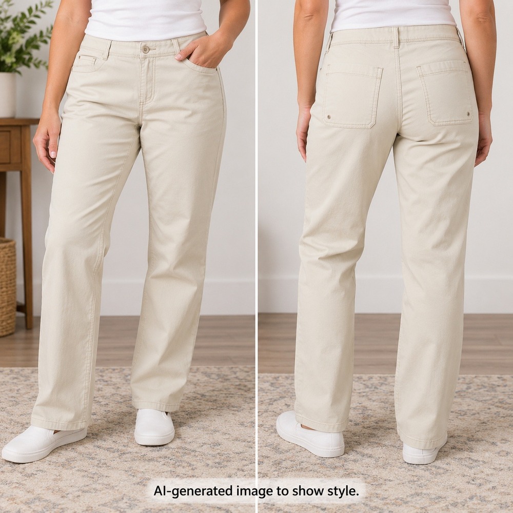 LL Bean Favorite Fit Pants Women 14 Straight Leg Khaki Beige Stretch Cotton